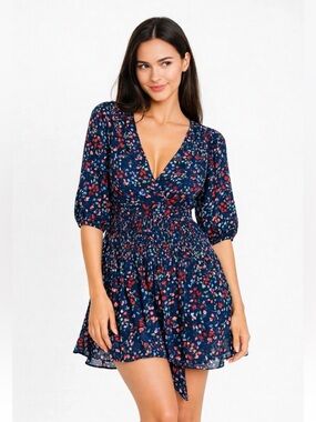 Ted Baker London Womens Navy Spring Casadee Smock Panel Wrap Mini Dress Sz 1